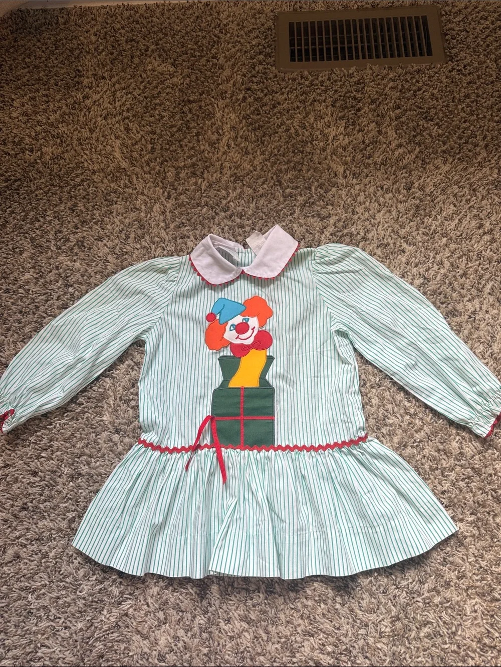 Vintage Children's Green Striped Clown Smocking like Dress with Red Accents